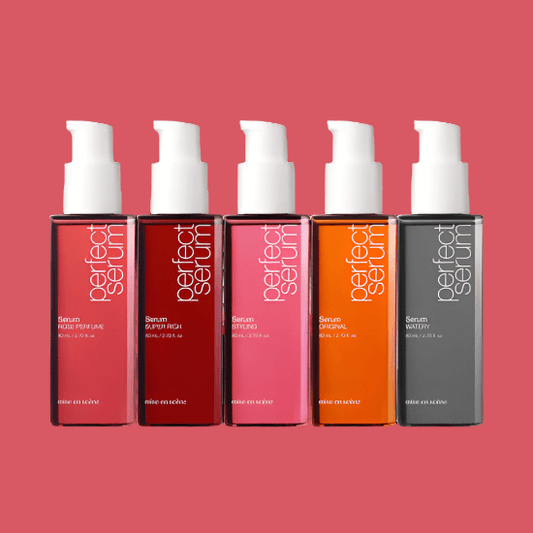 Mise-en-scene Perfect Repair Serum collection, showcasing five bottles for optimal hair care and styling.
