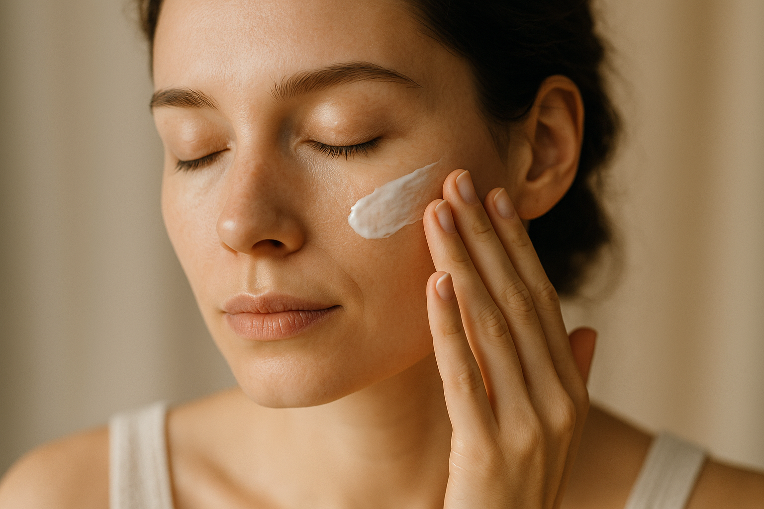 close up of woman's face applying cream