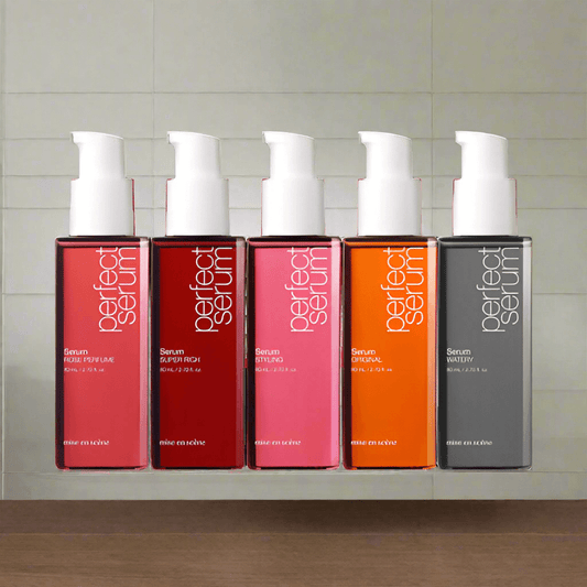 Mise-en-scene Perfect Repair Serum collection featuring five variants for healthier, smoother hair.
